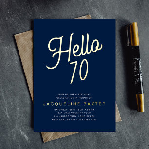 Blue Hello 70 Gold Script 70th Birthday Party