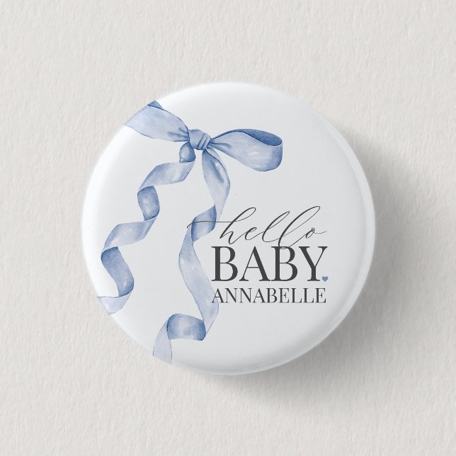 Blue Hello Baby Bow Girl Baby Shower Favours 1 Inch Round Button (Front)