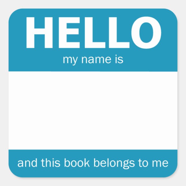 Blue "Hello" Name Badge Bookplate Square Sticker (Front)
