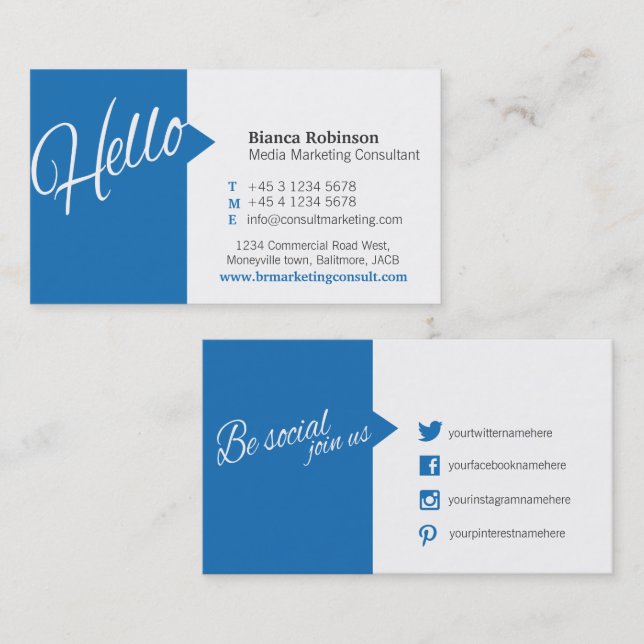 Blue hello quote social media business card (Front/Back)