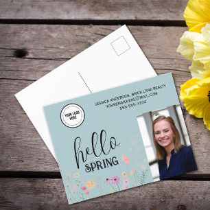 Blue Hello Spring Floral Real Estate Promotional Postcard