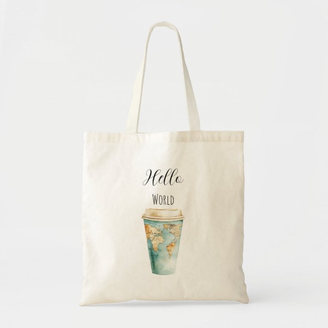 Blue Hello World Coffee Cup Tote Bag (Front)