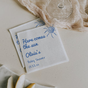Blue Here Comes The Son Hand Drawn Baby Shower Napkin