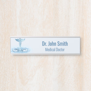 Blue Hermes Rod Water Ripples Caduceus Medical Door Sign
