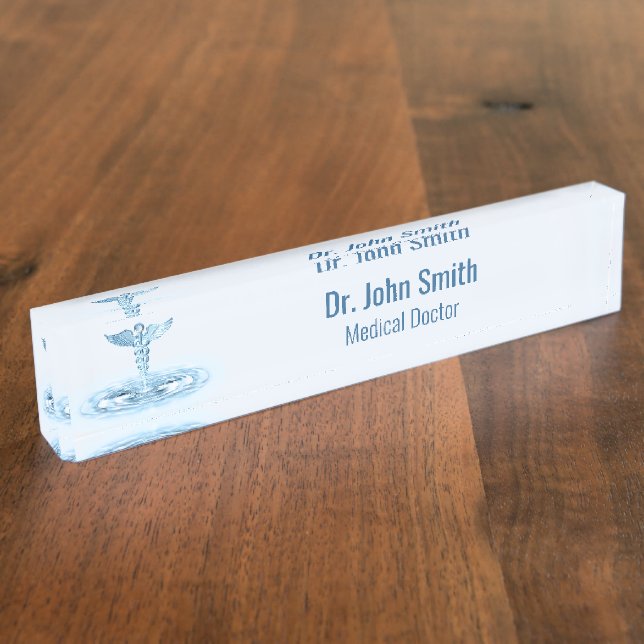 Blue Hermes Rod Water Ripples Caduceus Medical Nameplate (Side)