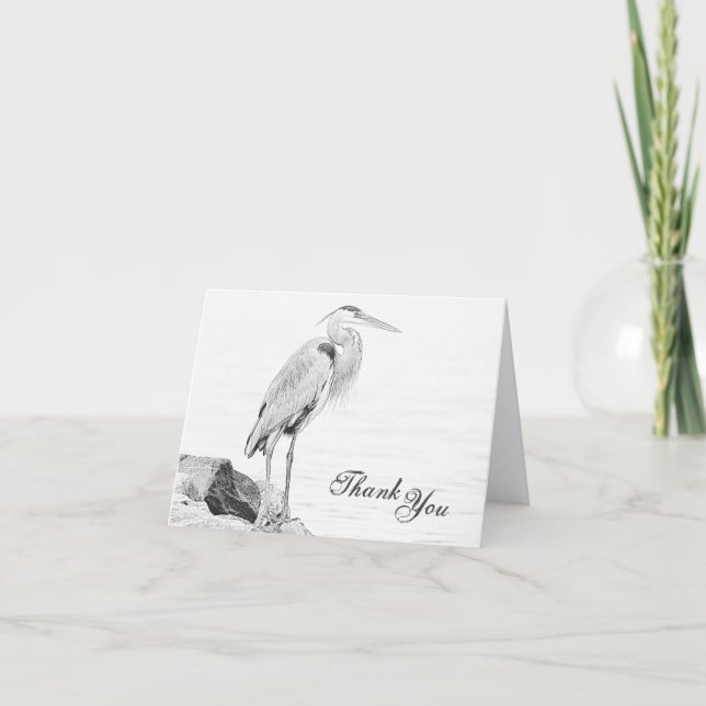 Blue Heron and Rocks, Water Bird Sketch Thank You Card (Front)