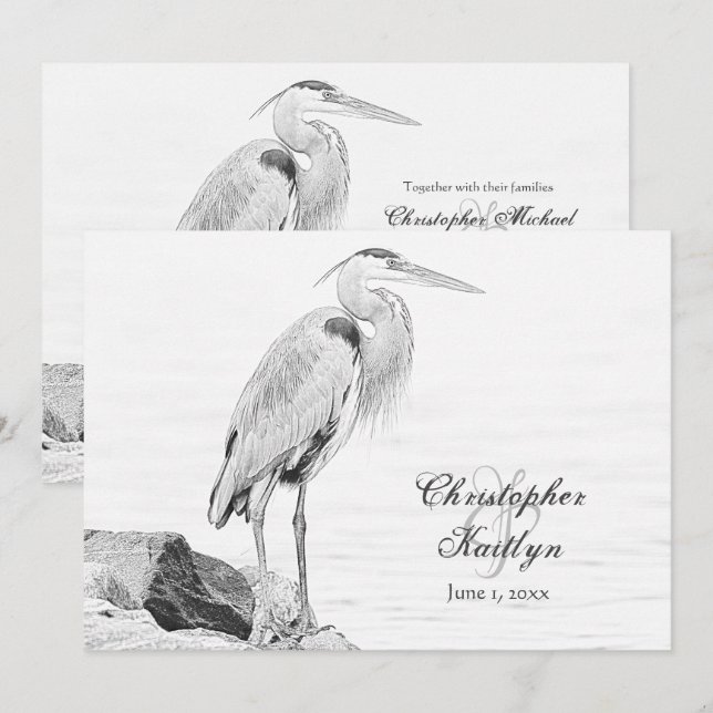 Blue Heron and Rocks, Water Bird Sketch Wedding Invitation (Front/Back)