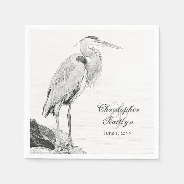 Blue Heron and Rocks, Water Bird Sketch Wedding Napkin (Front)