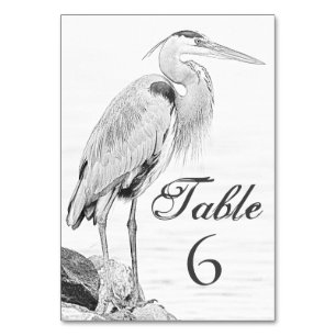 Blue Heron and Rocks, Water Bird Sketch Wedding Table Number