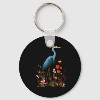 Blue Heron Floral Wildflower Bird Watching Keychain
