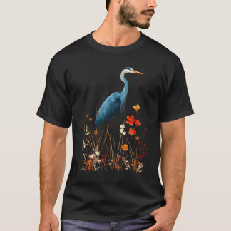 Blue Heron Floral Wildflower Bird Watching T-Shirt