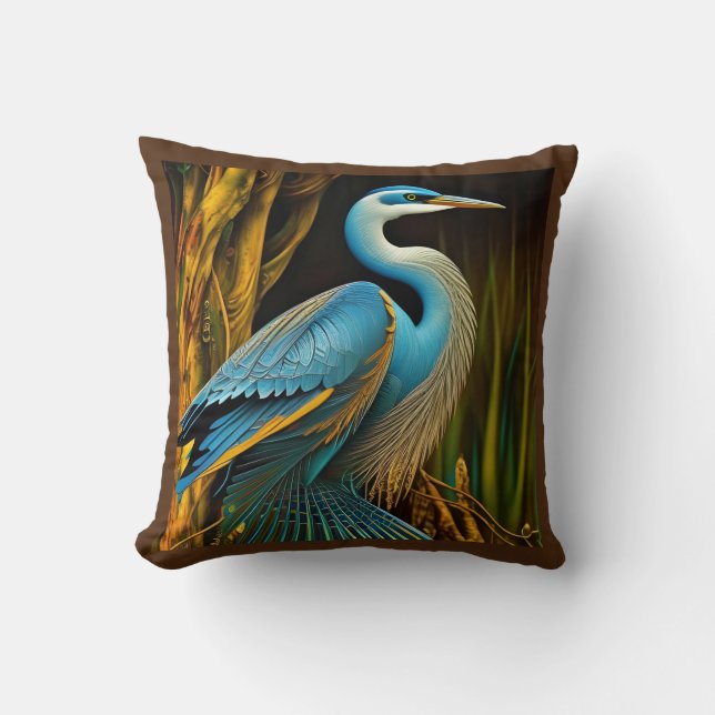 Blue Heron in Reeds  Throw Pillow (Front)