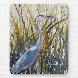 "Blue Heron in Tall Grass Watercolor" Mouse Pad