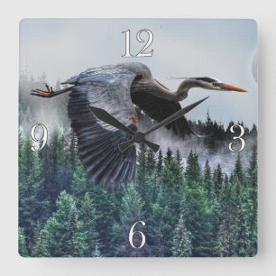 Blue Heron & Misty Forest Wildlife Square Wall Clock