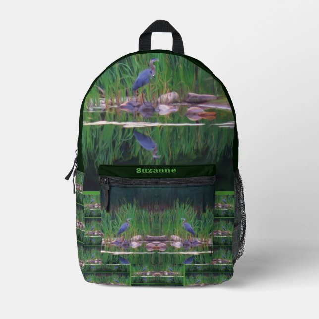 Blue Heron Nature Painting Personalized Printed Backpack (Front)