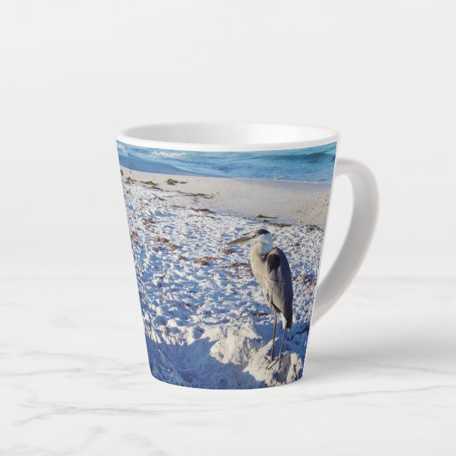 Blue Heron on the Beach Latte Mug (Right Angle)