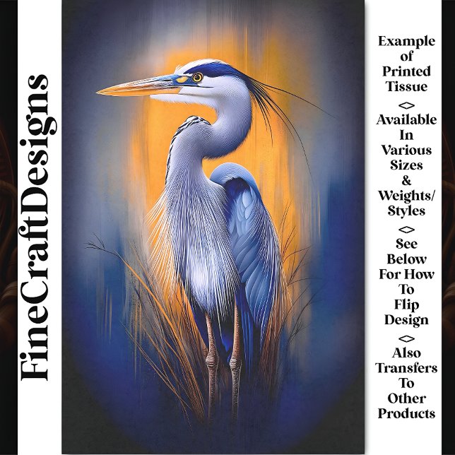 Blue Heron, Orange & Deep Indigo BW2 Decoupage Tissue Paper (Creator Uploaded)