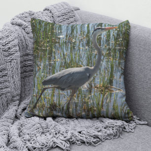 Blue Heron Photograph Wetlands Wildlife Photo Throw Pillow