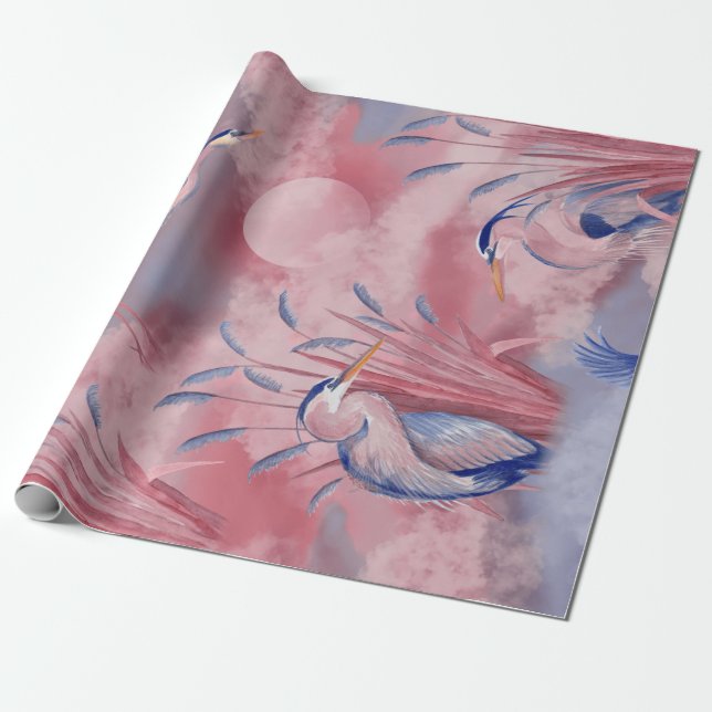 Blue Heron - pink Wrapping Paper (Unrolled)