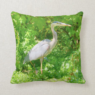 Blue heron, pond edge, pretty wild bird, green throw pillow