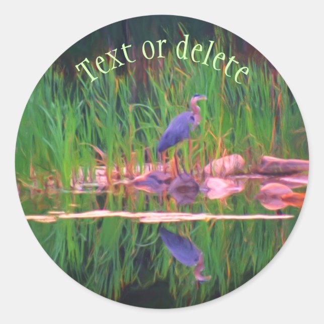Blue Heron Reflections Animal Art Personalized Classic Round Sticker (Front)