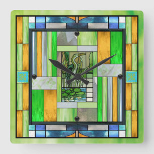 Blue Heron Stained Glass Square Wall Clock