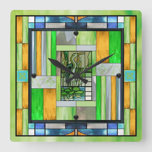 Blue Heron Stained Glass Square Wall Clock (Front)