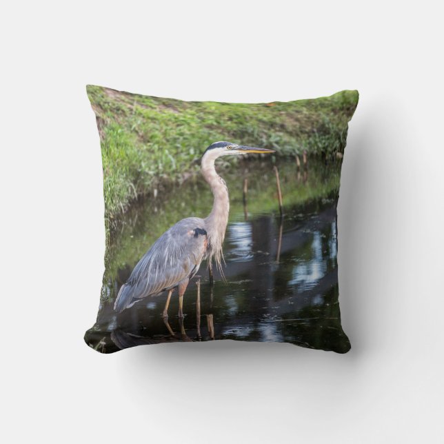 Blue Heron Wading in Water Throw Pillow (Front)