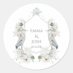 Blue Heron Waterfowl White Floral Ethereal Wedding Classic Round Sticker