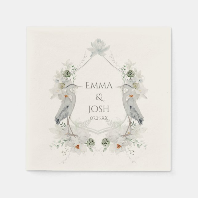 Blue Heron Waterfowl White Floral Ethereal Wedding Napkin (Front)