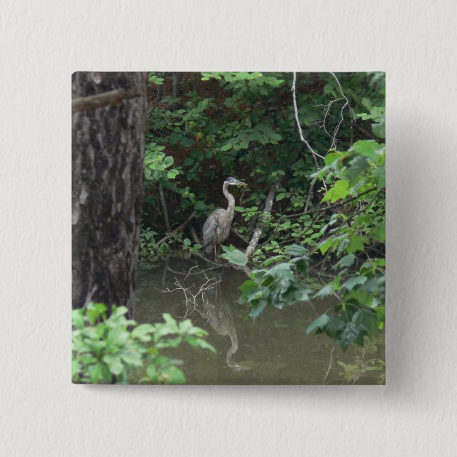 Blue Heron with Reflection on Water 2 Inch Square Button (Front)