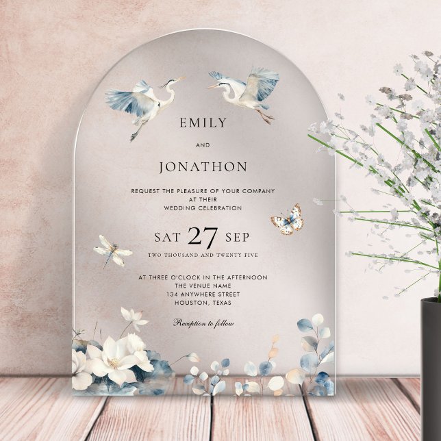Blue Herons Flying Foliage Wedding Acrylic Invitations (Creator Uploaded)