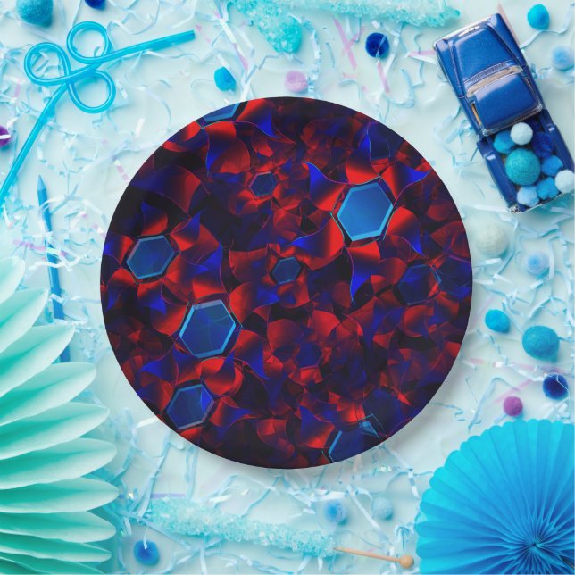 Blue hexagon mixed with overlapping red curves pap paper plate (Party)