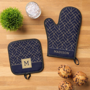 Blue Hexagon Pattern Oven Mitt & Pot Holder Set