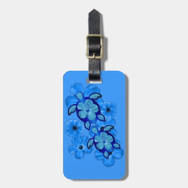 Blue Hibiscus And Honu Turtles Luggage Tag (Front Vertical)