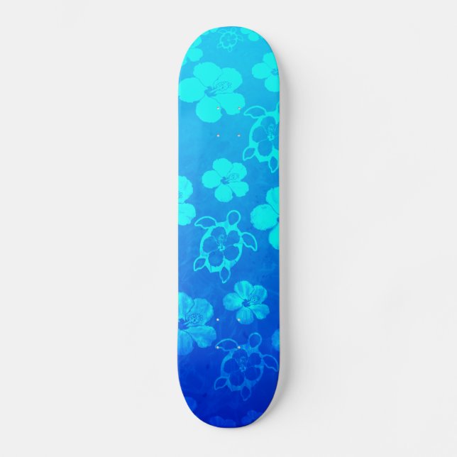 Blue Hibiscus And Honu Turtles Skateboard (Front)