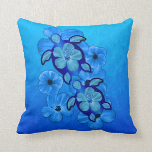 Blue Hibiscus And Honu Turtles Throw Pillow