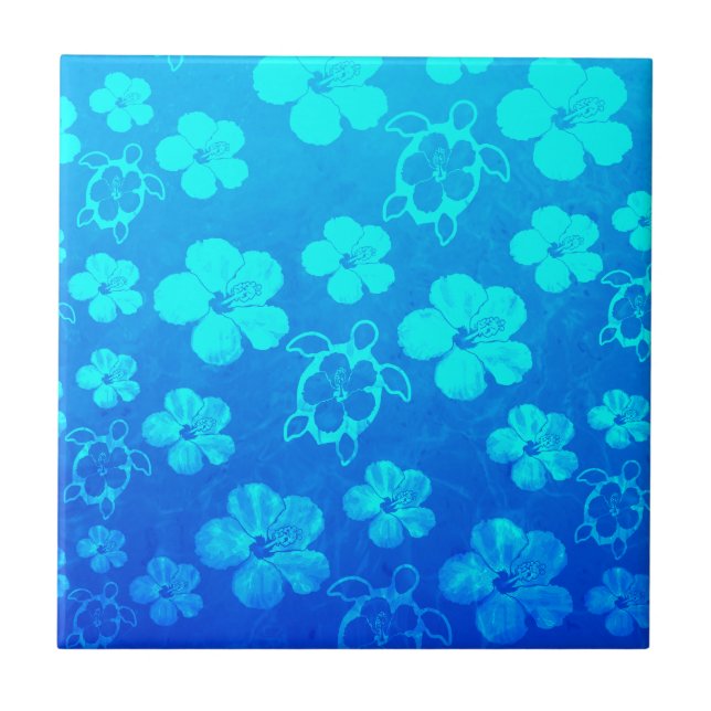 Blue Hibiscus And Honu Turtles Tile (Front)
