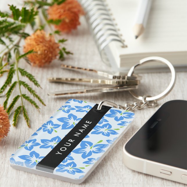 Blue Hibiscus, Blue Flowers, Your Name Keychain (Front Right)