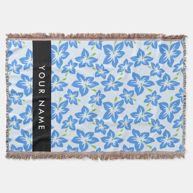 Blue Hibiscus, Blue Flowers, Your Name Throw Blanket (Front)