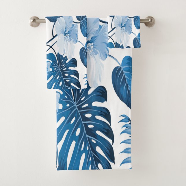 Blue Hibiscus Flower Classy Tropical Beach House  Bath Towel Set (Insitu)