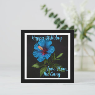Blue Hibiscus Flower On Black, Flat Birthday Card