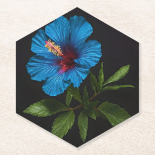 Blue Hibiscus Flower On Black, Paper Coaster