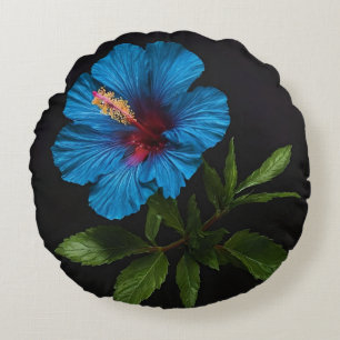 Blue Hibiscus Flower On Black, Round Pillow