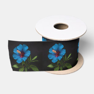 Blue Hibiscus Flower On Black, Satin Ribbon