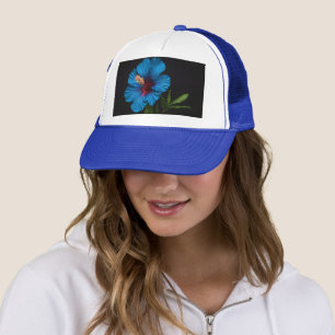 Blue Hibiscus Flower On Black, Trucker Hat