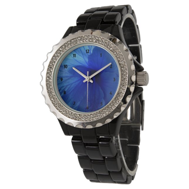 Blue Hibiscus Flower Rhinestone Black Enamel Watch (Angled)