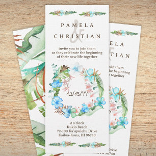 Blue Hibiscus, Green Tropical Leaves Wreath Invitation