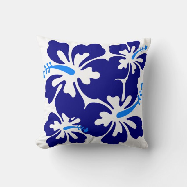 Blue Hibiscus Pattern Throw Pillow (Front)