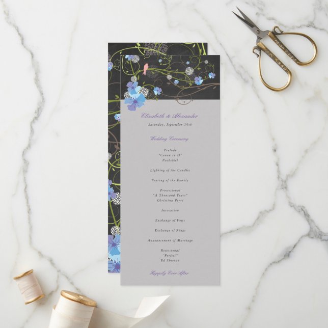 Blue Hibiscus & Swallows Floral Chalkboard Wedding Program (Front/Back In Situ)